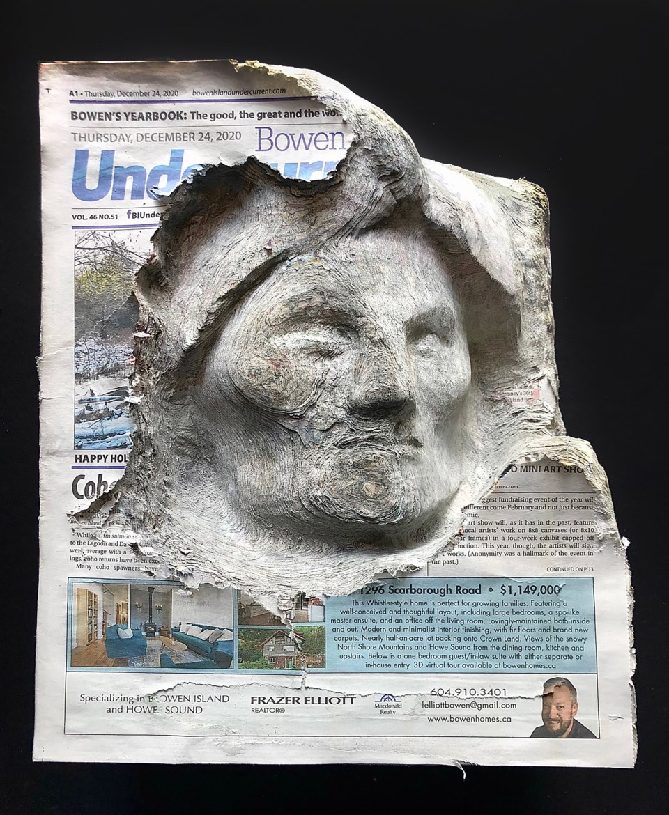 A newspaper sculpture of Emily Carr