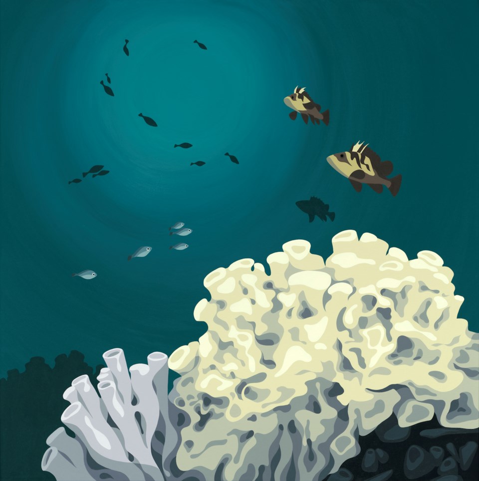 A painting of rockfish around a glass sponge reef
