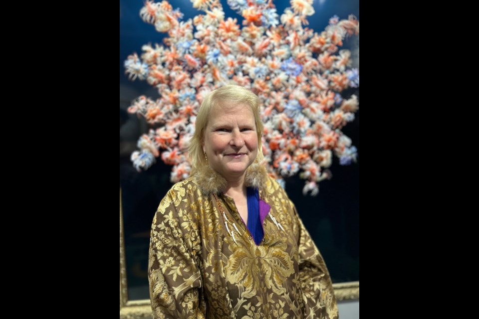 Marian Bantjes’ exhibit, Complications, is at The Hearth until April 22. Her piece Crustaceans may first appear to be a vase of flowers. Step closer and the bouquet reveals itself of dozens of AI-generated spot prawns and other fantastical sea creatures.
