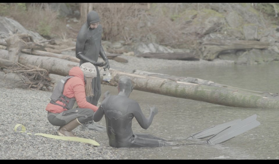 Three people on a beach – two in wetsuits