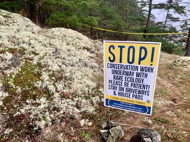 Bowen Island Conservancy has erected stop signs to prevent passerby from treading on sensitive species of the Cape park. 