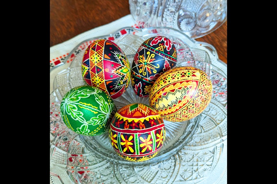 The eggs in Krukowski's Pysanky collection have been made
for family throughout the years. The butter dish containing them was passed down from her
Grandmother she never knew. 