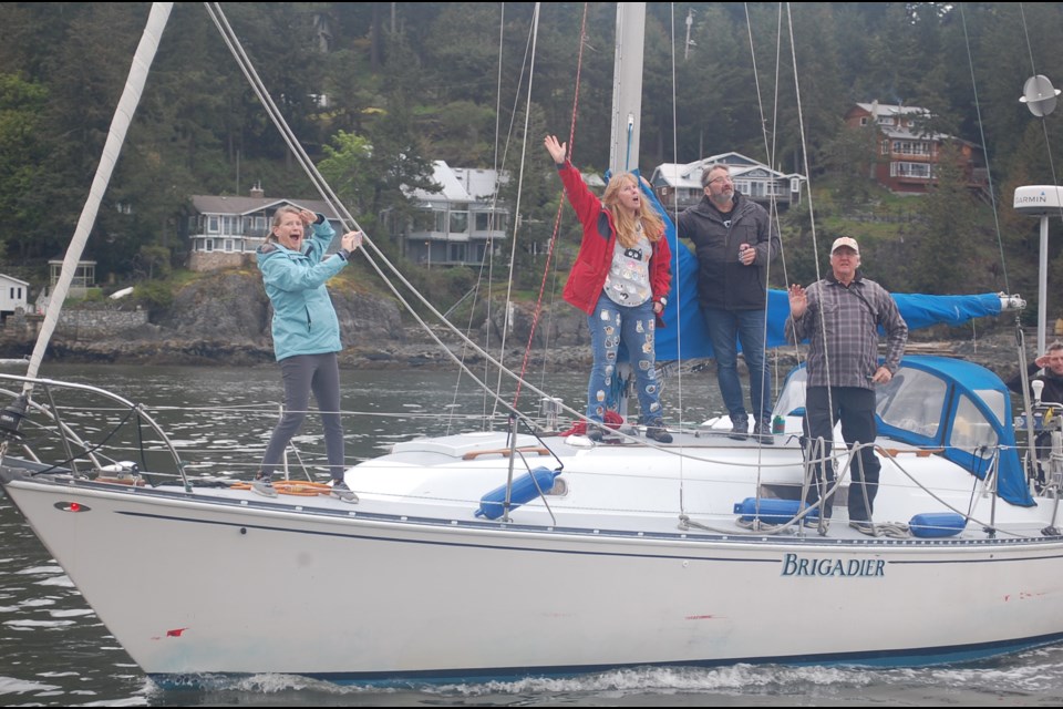 The crew of Brigadier were in true Sail Past spirit May 6 as the Bowen Island Yacht Club kicked off the sailing season with their annual celebration. The tour
around club Commodore Simon Fowler, who was captaining the NautiNess, was followed by a James Bond themed after-party at Doc Morgan’s. 