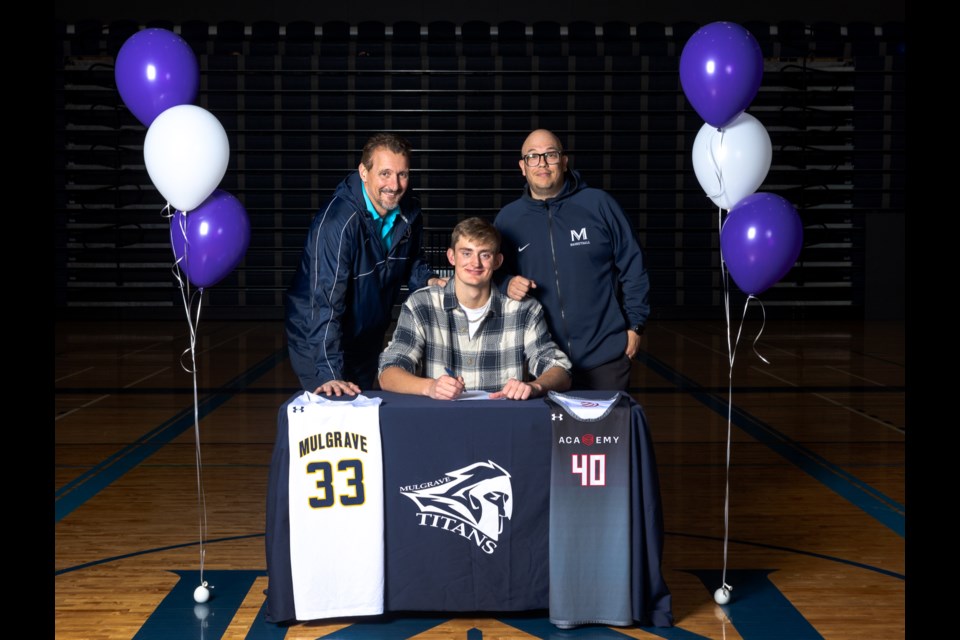 Hunter Thompson signed commitment papers earlier this month to play basketball with the Western Mustangs starting this fall. Thompson was joined at the signing ceremony by his Mulgrave coaches Claude Leduc (left) and Kyle Prior (right).