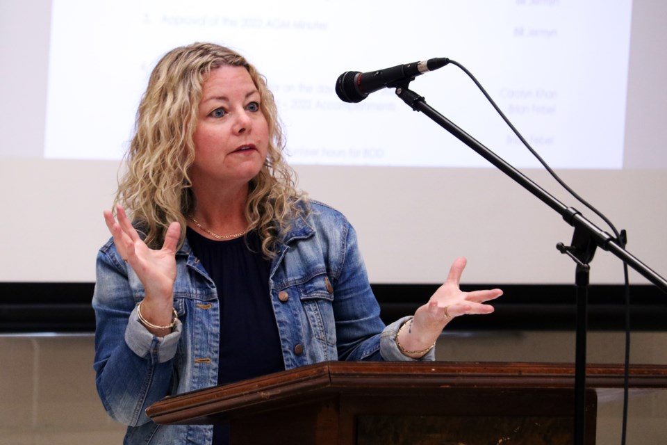 Carolyn Khan, executive director, speaks during the Helping Hand Food Bank’s annual general meeting at St John’s Presbyterian Church, 2940 Sideroad 10, on Monday, June 19, 2023.