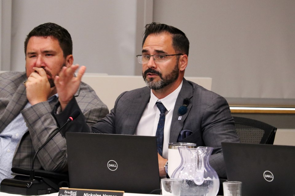 Ward 6 Coun. Nickolas Harper (right) discusses the province’s proposed planning changes during the regular meeting of council in the Zima Room at the Bradford West Gwillimbury Public Library on Tuesday evening, June 20, 2023.