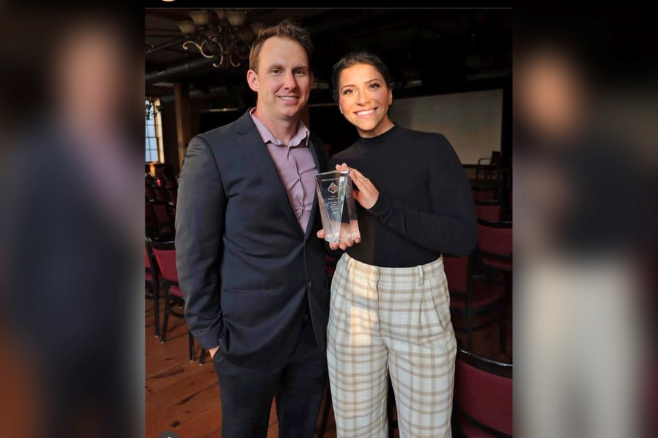 John Clark and Tara Andrews attend the South Simcoe Business Excellence Awards ceremony, hosted by Nottawasaga Futures at the Gibson Centre in Alliston on May 24, 2023, where Andrews received the Youth Entrepreneur Award.