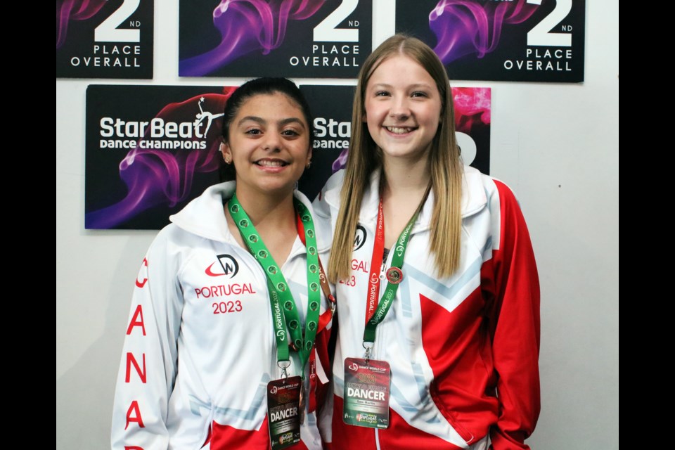 From left: Isabel Ferreira, 12, and Samantha Marin, 15, are seen at Elite Dance Corps in Bradford on Tuesday, July 18, 2023. The pair represented Bradford when they competed as part of World Performers Canada at the Dance World Cup in Braga Portugal from June 30, to July 8.