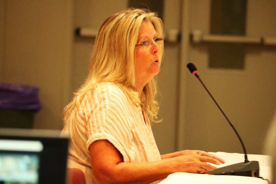 Bradford West Gwillimbury Public Library worker, Judy Koulis, fought back tears as she described the difficulty of being “red circled” by the administration for five years as she spoke at open forum during the regular meeting of council in the Don Harrison Auditorium at the Bradford and District Memorial Community Centre in Bradford, Tuesday evening, Aug. 1, 2023.
