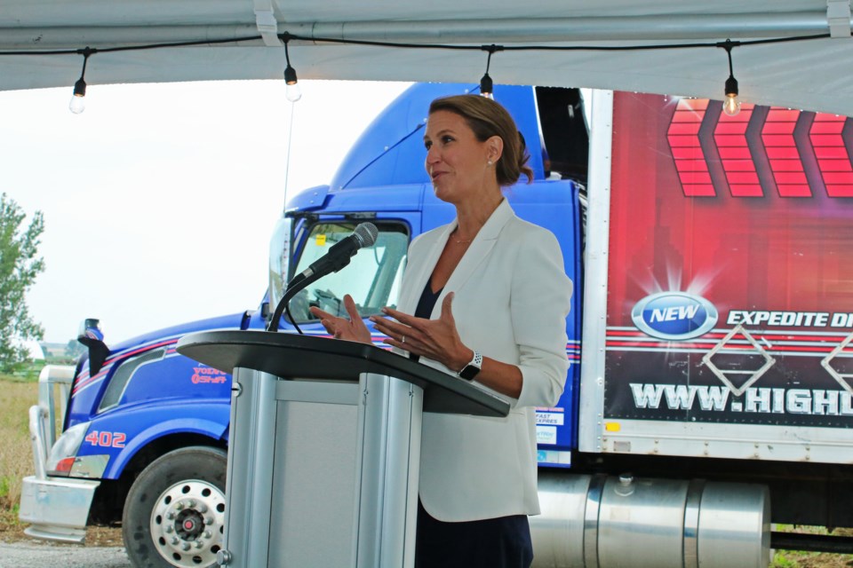 Then Transportation Minister and York—Simcoe MPP Caroline Mulroney speaks during the groundbreaking event for Highlight Motor Group’s new transportation and storage facility on 2305 Sideroad 5 in Bradford on Thursday, Aug. 10, 2023.
