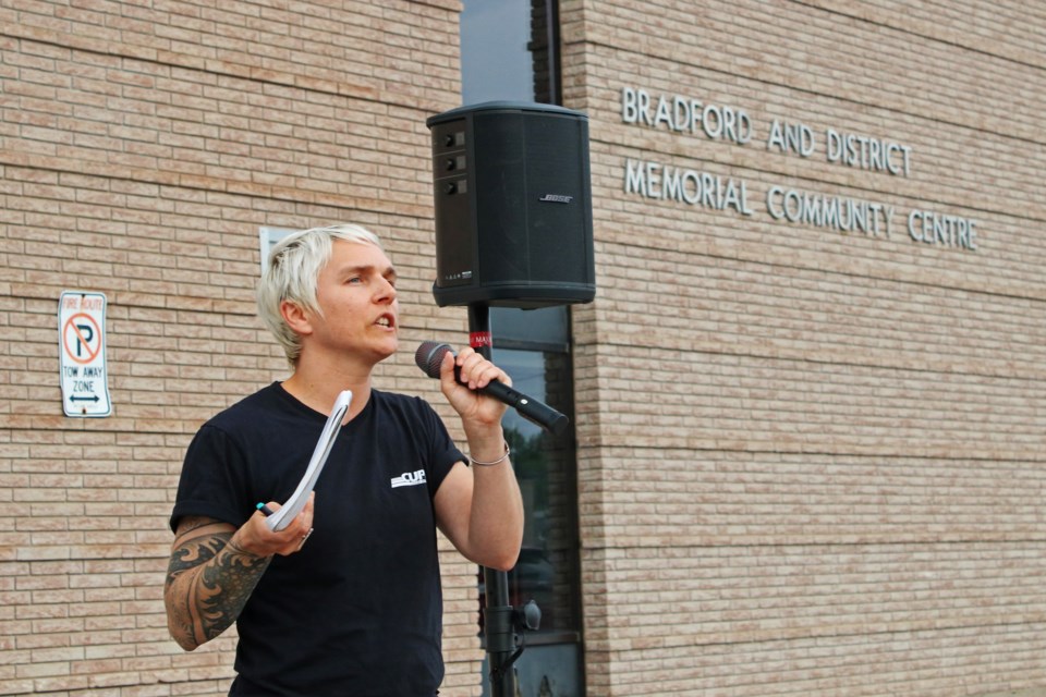 Katherine Grzejszczak, president of CUPE Local 905, addresses the rally in support of striking Bradford library workers at the Bradford and District Memorial Centre at 125 Simcoe Road in Bradford, on Tuesday evening Aug. 15, 2023.