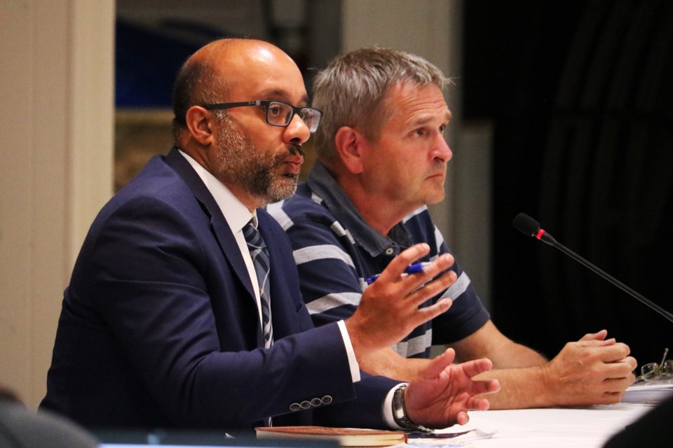 From left: Anand Desai, project lead for Monteith Brown Inc, and Nick Warman, the town’s manager of recreation and client services, provided council with an update on the draft Leisure Services Master Plan during council’s committee of the whole Tuesday night.