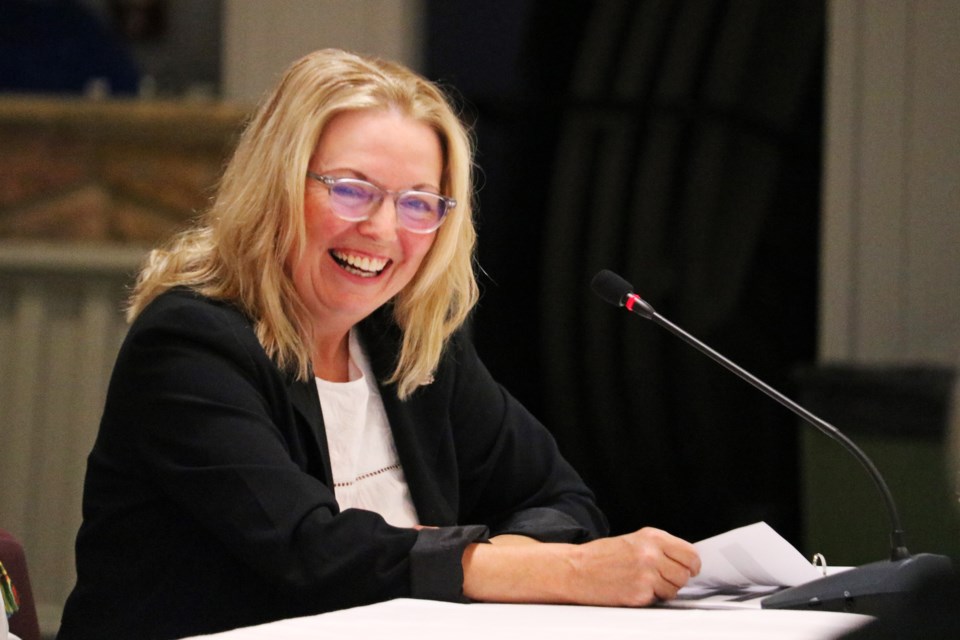 Liz Moore, president of the Bond Head Women’s Institute and convener with the Tec-We-Gwill Women’s Institute smiles while making a presentation during the regular meeting of council in the Don Harrison Auditorium at the Bradford and District Memorial Centre at 125 Simcoe Road, on Tuesday evening, Aug. 15, 2023.