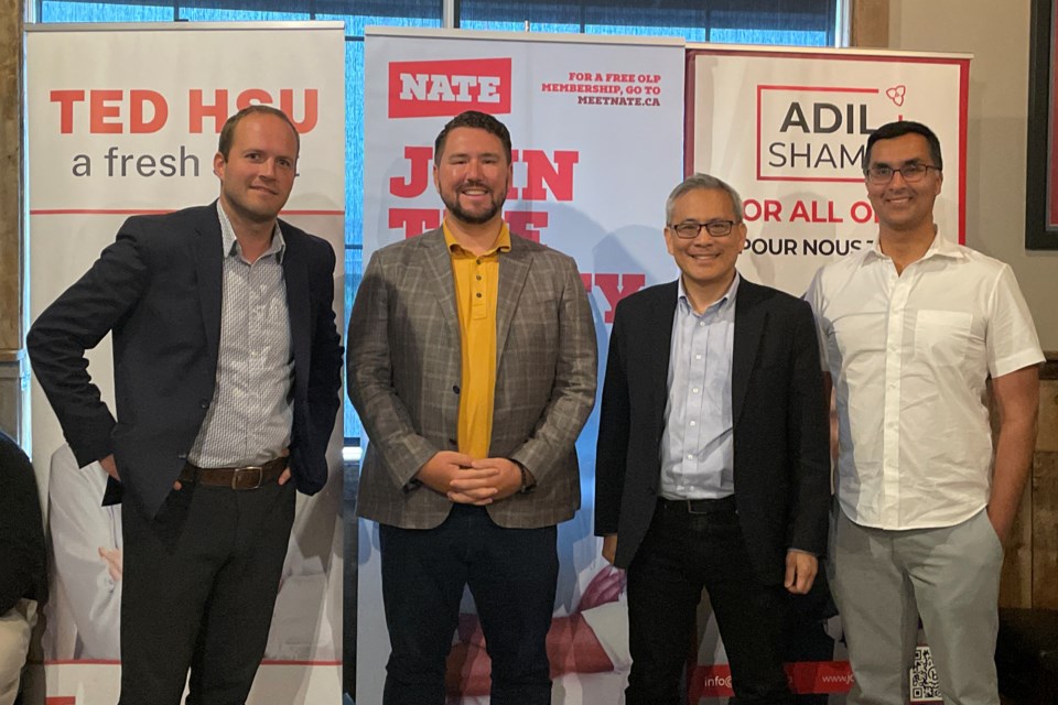 From left: Nathaniel Erskine-Smith, Ward 2 Coun. Jonathan Scott, Ted Hsu and Dr. Adil Shamji stopped in at Perfect SZN in Bradford on Friday evening where Scott spoke to the three Ontario Liberal Party leadership candidates about their plans for the party.