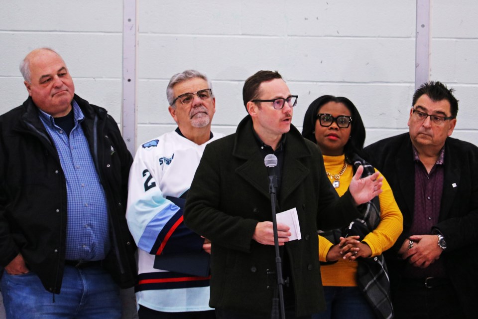 Geoff Dossey, Paul Dossey’s son, speaks during the dedication of the newly renamed Paul Dossey Rink (formerly the Blue Rink) at the BWG Leisure Centre on Nov. 17.