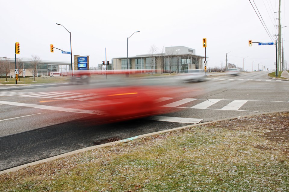 Traffic flows through the intersection of Holland Street West and West Park Avenue in Bradford on Monday afternoon, Nov. 27, 2023.