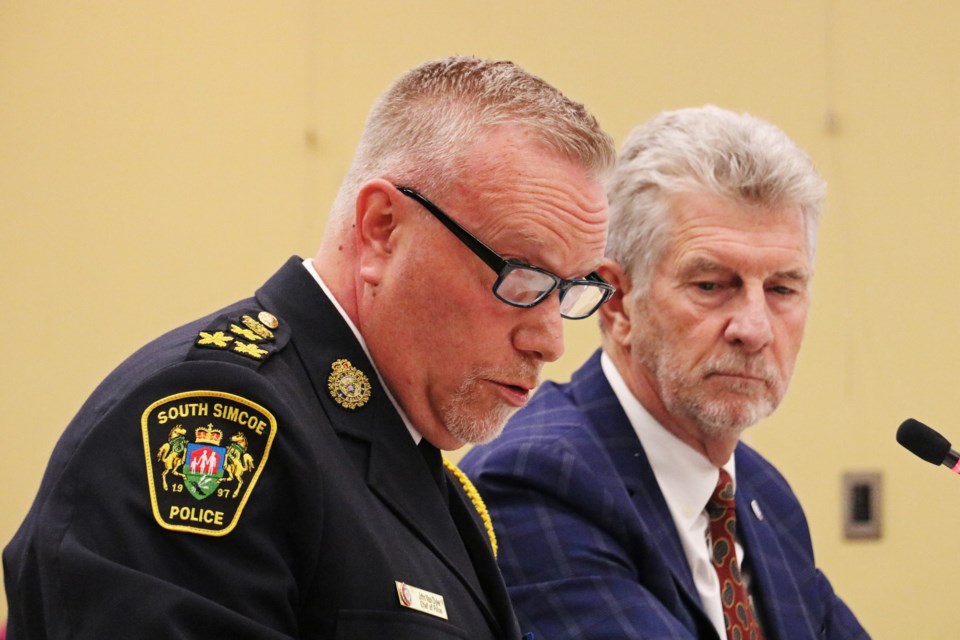 South Simcoe Police Chief John Van Dyke (left) is shown with Chris Gariepy, chair of the police services board. They presented the service's funding request for the draft 2024 operating and capital budgets during Bradford council's regular meeting Dec. 5.