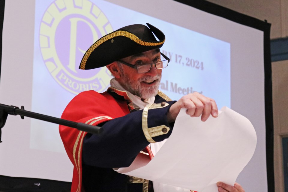 Laurie LeBlanc, town crier for the day, speaks during the Probus Club of Bradford West Gwillimbury’s celebration of their 10-year anniversary as part of their first general meeting of 2024 at St. John’s Presbyterian Church in Bradford Jan. 17.