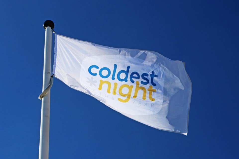 The Coldest Night of the Year flag flies over the Bradford West Gwillimbury Court House on Tuesday afternoon, Feb. 20, 2024.