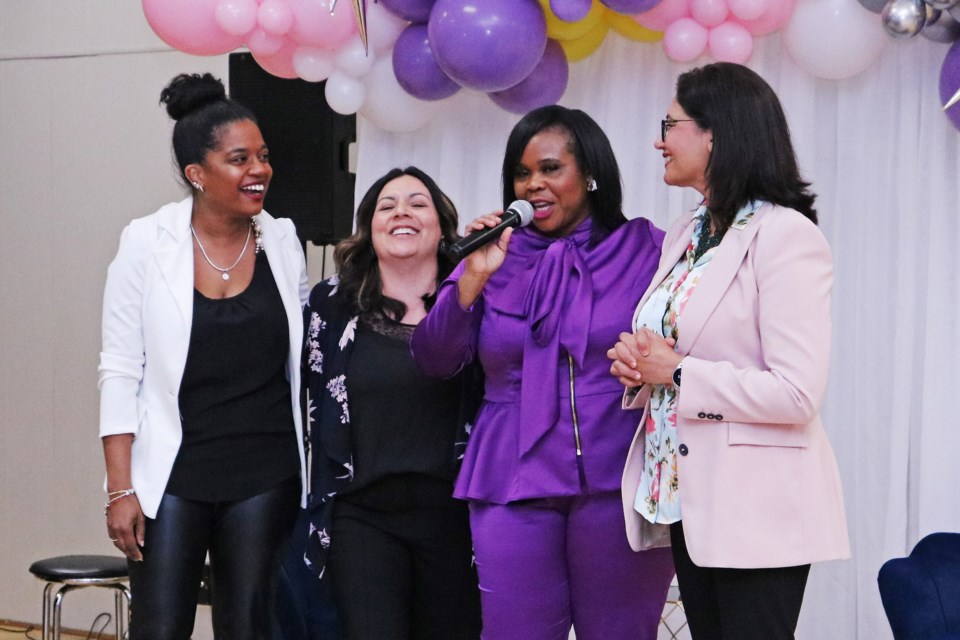 Tiffany Tyrell-Shand, Jennifer Bahinski, Cheraldean Duhaney and Nusrat Awan are seen on stage during the second annual International Women’s Day brunch in the Don Harrison Auditorium of the Bradford and District Memorial Community Centre on Friday, March 8.