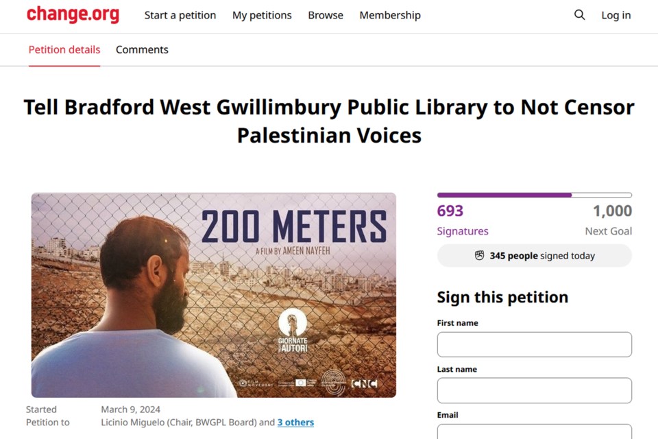 This screenshot from Wednesday, March 13, shows the petition from Simcoe County 4 Palestine asking the Bradford West Gwillimbury Public Library to reschedule the cancelled screening of the film 200 Meters.