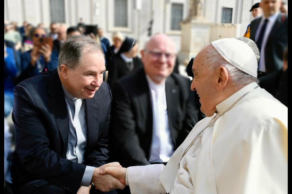 Rev. Dr. Daniel Scott, minister of St. John’s Presbyterian Church, meets with Pope Francis in St. Peter’s Square in Vatican City on Wednesday April 17.