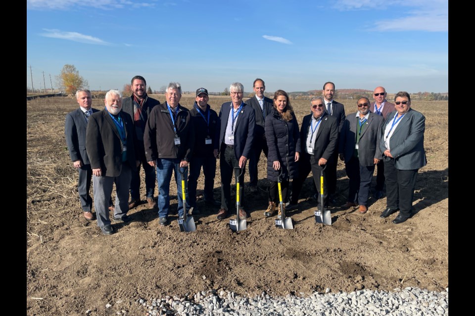 MPP Caroline Mulroney, Mayor Rob Keffer, members of council, and members of the Toromont team celebrate the official groundbreaking for the new facility.