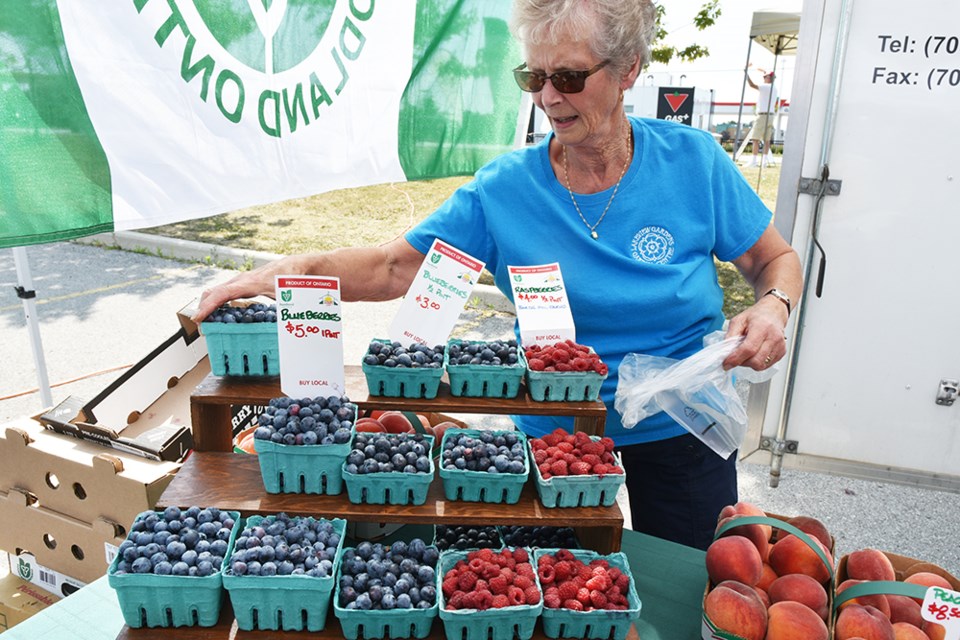 Gaynor Radcliffe, of Lakeview Gardens, with fresh Ontario-grown berries and fruits. Miriam King/Bradford Today