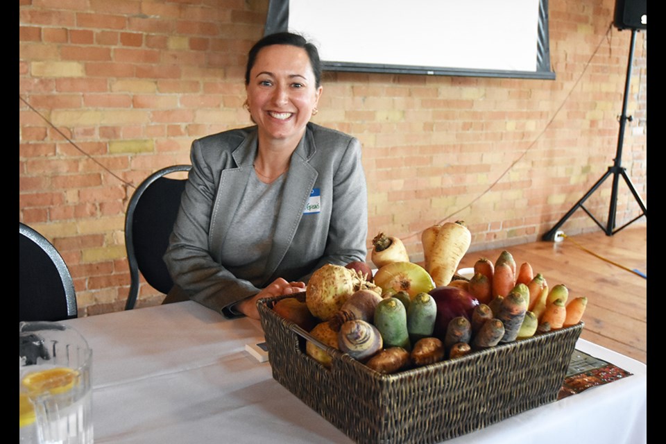 Vicky Ffrench of Cookstown Greens is shown with a basket of vegetables at the 2020 AgKnowledge Forum. Miriam King/Bradford Today
