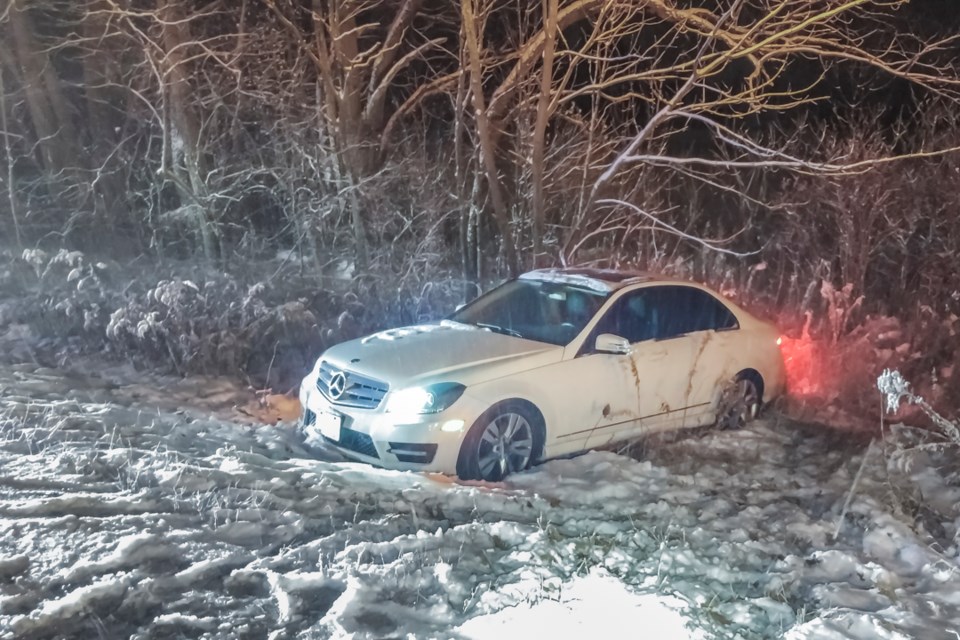 Driving according to conditions is the best way to stay safe on the roads, but the added traction of winter tires will help you avoid creative parking solutions like this. Dave Kramer for BradfordToday.