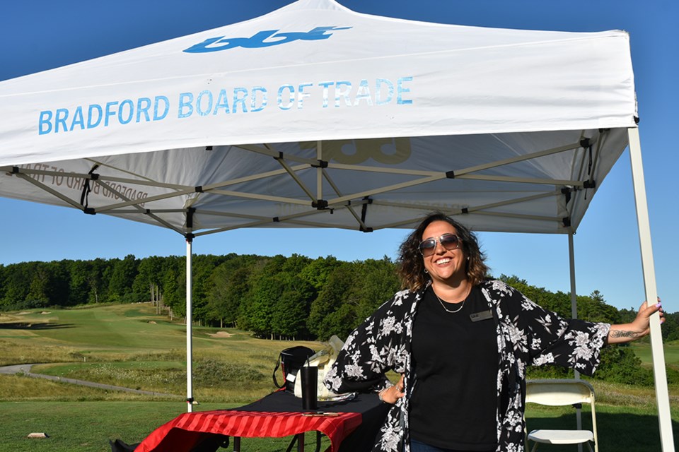Bradford Board of Trade president Tina Morrison welcomes golfers at the BBT golf tourney, Aug. 9. Miriam King/Bradford Today