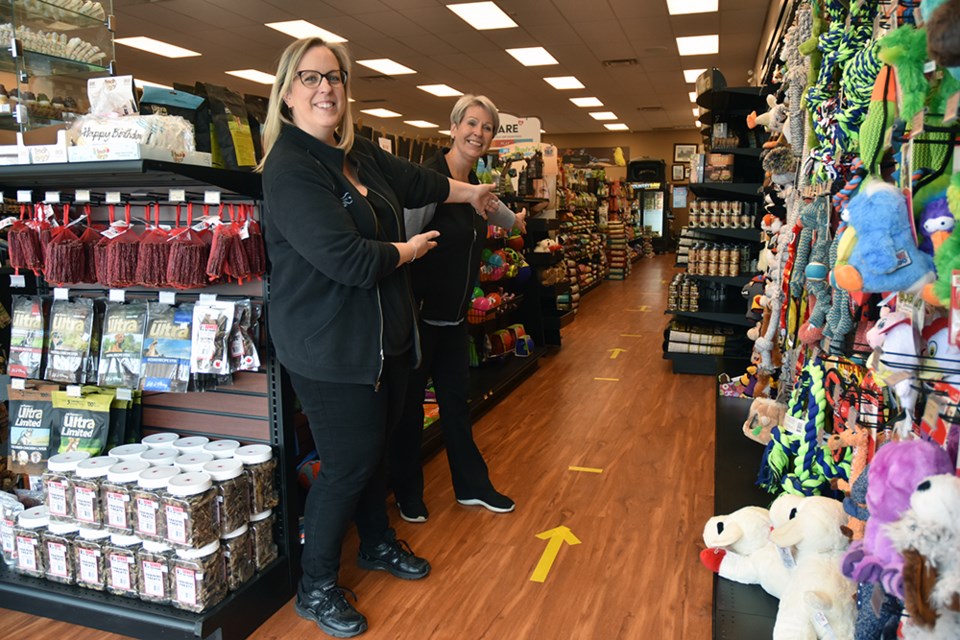 Jennifer Pegg, left, and mom Liz welcome shoppers inside Pet Valu, and invite them to follow the yellow arrows. Miriam King/Bradford Today