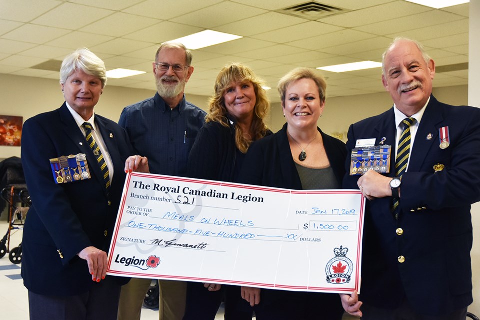 From right, Legion President Mike Giovanetti, CHATS Director of Development Rhonda Flanagan, CHATS Outreach co-ordinator for the Wellness Program and Meals on Wheels supervisor Laura Manley, driver Allan Saunders, and Poppy Campaign co-chair Ruth Brooks. Miriam King/Bradford Today