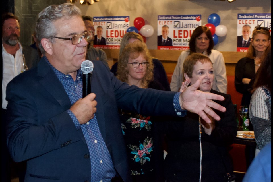 Bradford West Gwillimbury Mayor-elect James Leduc speaks to suporters at Sabella in downtown Bradford after being declared winner in the 2022 municipal election.  