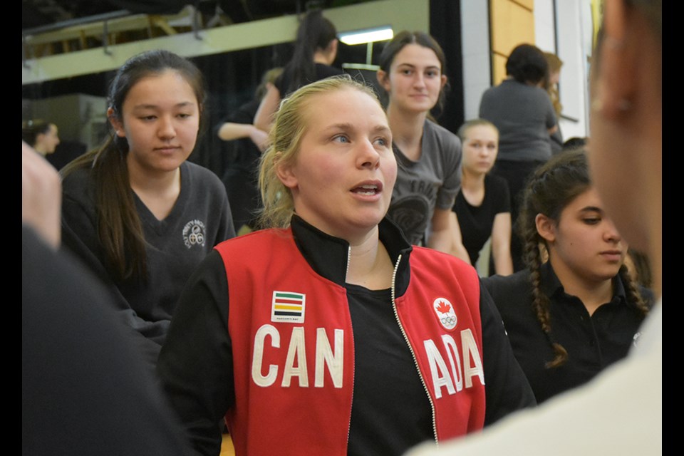 Member of the Canadian National Women's Hockey Team and Olympic medallist, Haley Irwin talks to high school students in Bradford. Miriam King/Bradford Today