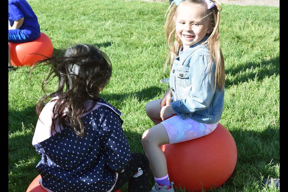 Kids play on bouncy balls - just getting active, for Jump Rope for Heart. Miriam King/Bradford Today