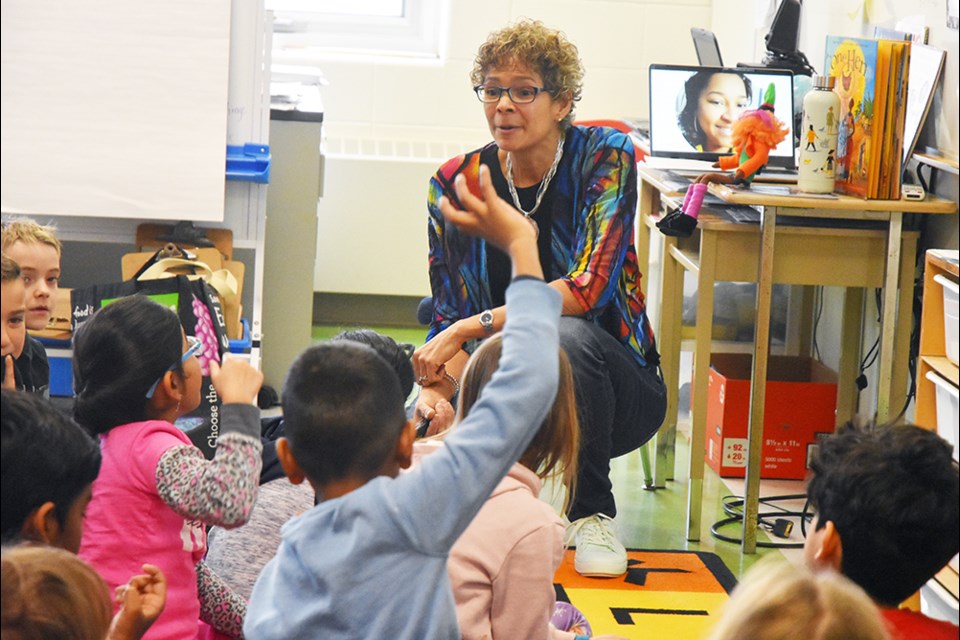 Michele Newton talks to kids in Grade 2 about inclusion and community, at Chris Hadfield Public School in Bradford in February 2020. Miriam King/Bradford Today