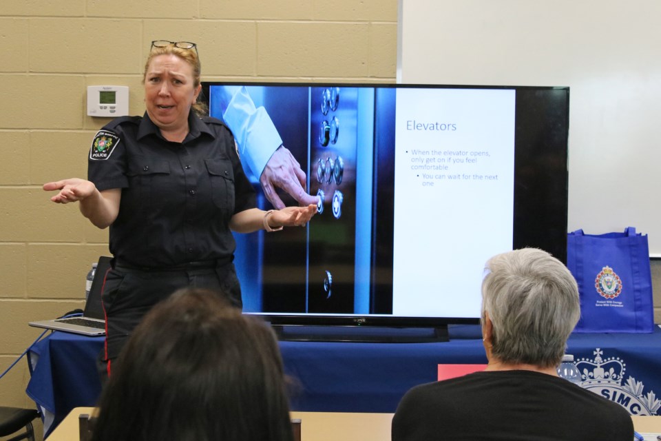 Special Constable Elisabeth Aschwanden spoke to attendees about elevator safety.