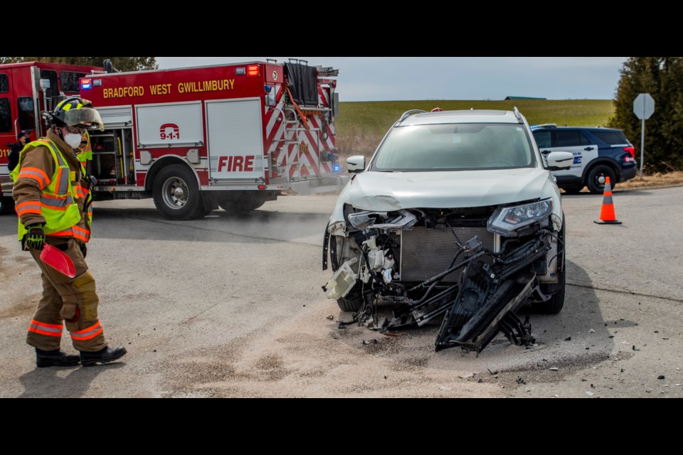Police investigating a two-vehicle collision at the intersection of Line 13 and 20th Sideroad in Bradford on March 18, 2021.