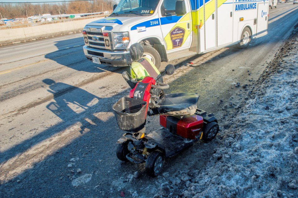 A dump truck collided with an electric scooter Tuesday at Bridge Street and Canal Road.