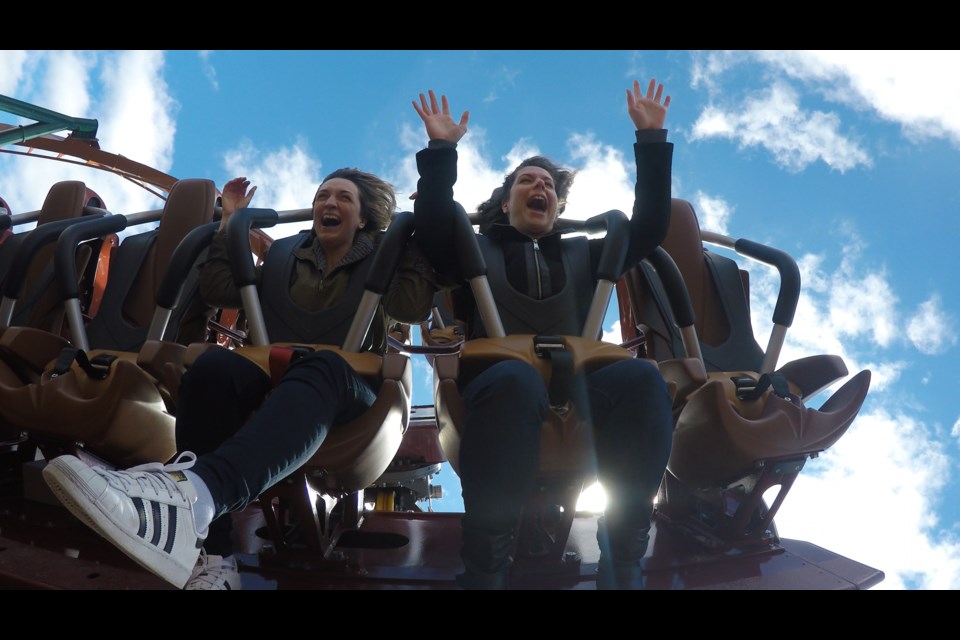 BradfordToday reporter Jenni Dunning, right, and freelance writer Natasha Philpott ride the Yukon Striker at Canada's Wonderland. Submitted/GoPro image 