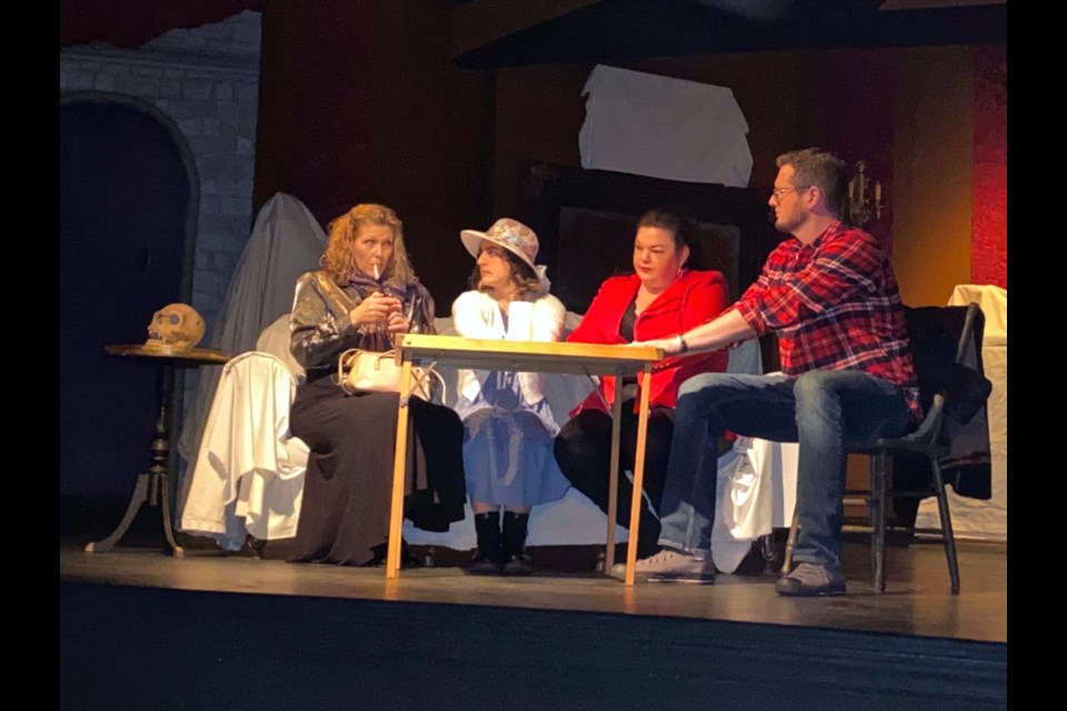 Summoning the spirit of John Barrymore in South Simcoe Theatre’s current production, I Hate Hamlet, are, from left, Lillian (Cathy McCauley), Deirdre (Elizabeth Rodenburg), Felicia (Jennifer Bedard) and Andrew (Richard Varty).