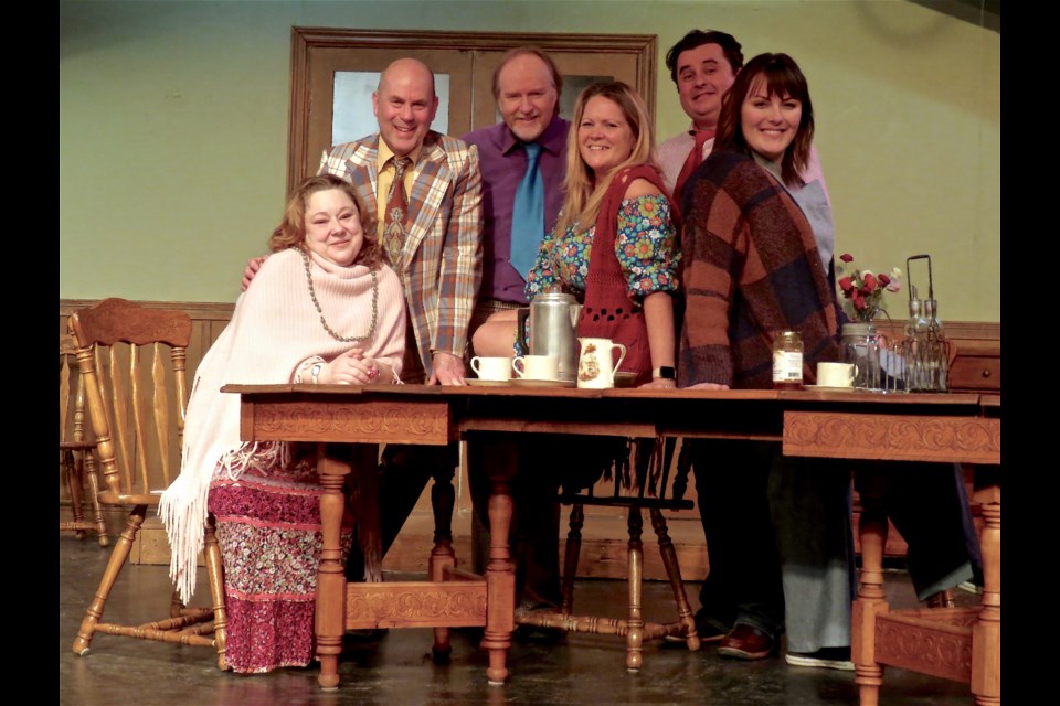 The cast in their ‘70s costumes: (Left to right) Wendy Wall, Robert Knapp, Ralph Chapman, Mary-Ellen O’Neill-Madeley, Stuart Todd and Maggi Robertson. Rosaleen Egan for Bradford Today
                               