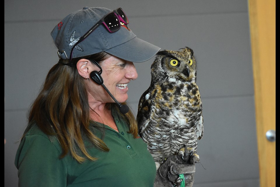 Shauna Cowan of the Canadian Raptor Conservancy, with a Great Horned Owl, at the library. Miriam King/Bradford Today