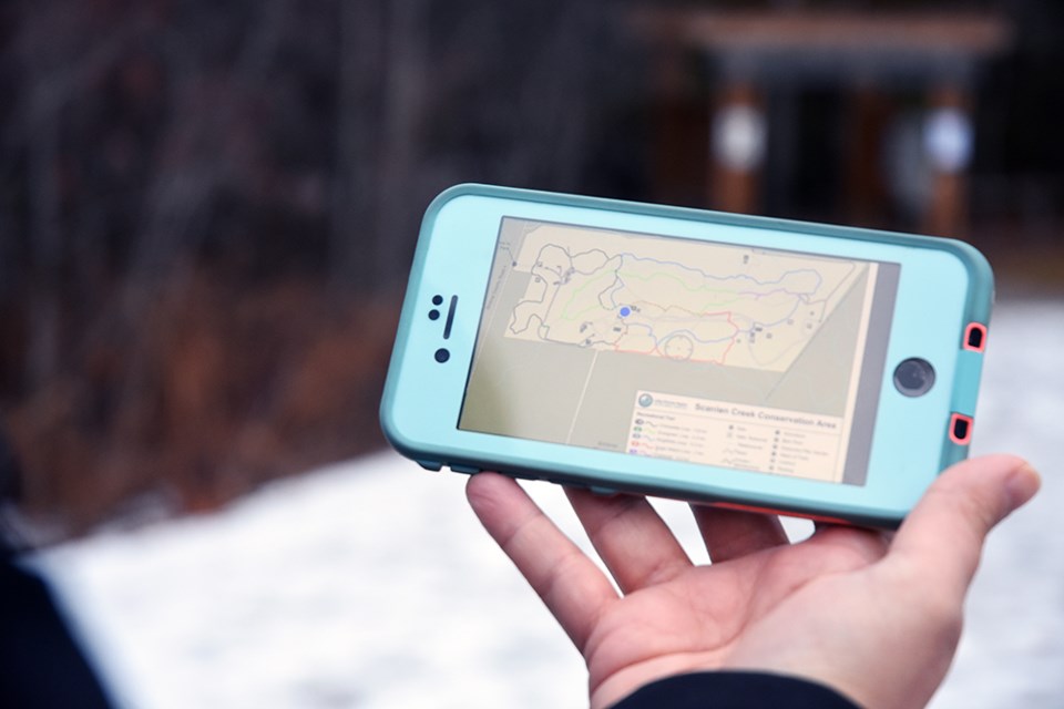 The free Avenza app allows hikers to download trail maps onto their smart phone - and track their location using the phone's GPS. Miriam King/Bradford Today
