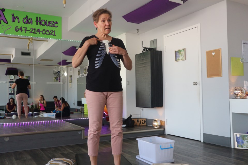 Manual Osteopathic Practitioner Lynn Duncan-Smith teaches a room of ladies in a Yoga Anatomy Workshop on Saturday hosted by Ananda Yoga School. Natasha Philpott/Bradford Today                              