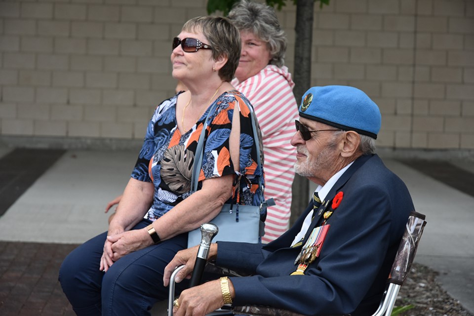 Michael Comeau, a veteran of UN peacekeeping and former president of the Central Ontario branch of CAVUNP, and his wife Carol attended this year's National Peacekeepers Day flag-raising in Bradford. Miriam King/BradfordToday