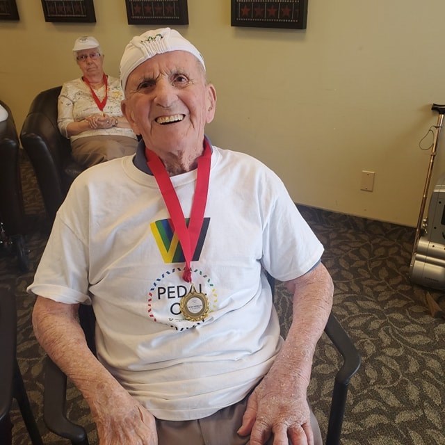 Bill Young, a Cedarvale Lodge Retirement and Care Community resident, enjoys virtual cycling through Road Worlds for Seniors. Supplied photo/Cedarville Lodge