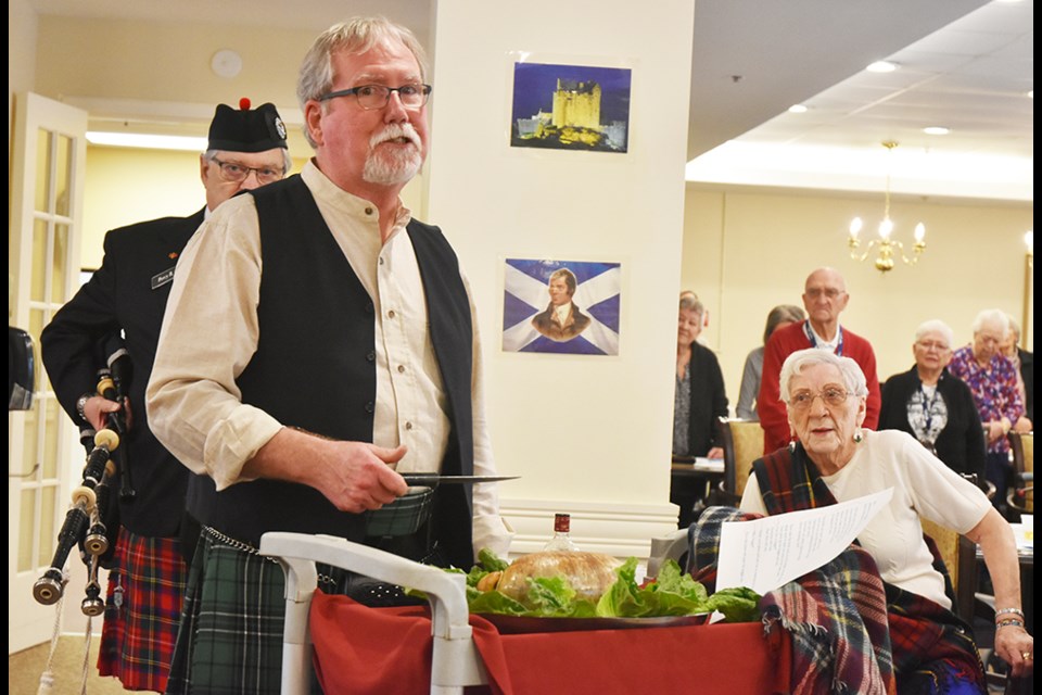 Robert McLean recites the Address to a Haggis, at Lakeside Retirement. Miriam King/Bradford Today