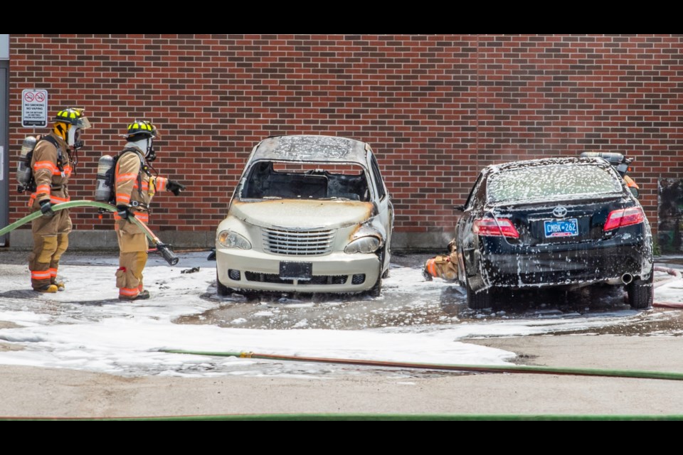 Bradford Fire quicky extinguished the burning vehicles before damage was done to the school building. Paul Novosad for Bradford Today.
